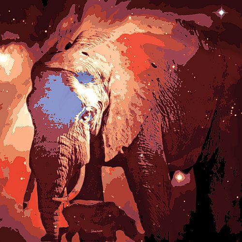 an elephant at a waterhole mixed media