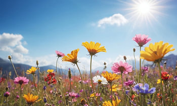 Ein Blumenfeld mit einem blauen Himmel im Hintergrund