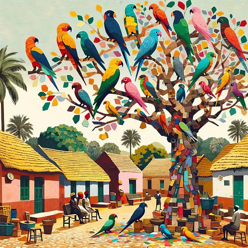 Kleurrijke papegaaienboom in een Afrikaans dorp van Lois Diallo