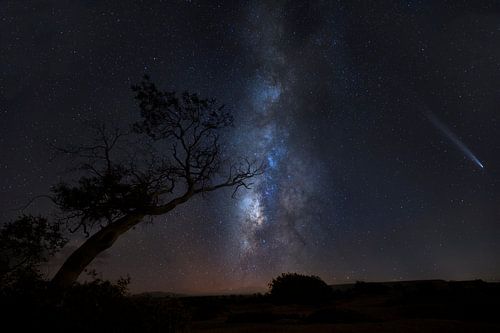 Melkweg en komeet in woestijn, milky way and comet in desert