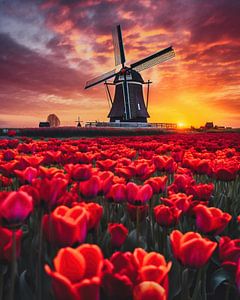 Windmühle im Sonnenaufgang im Blumenmeer