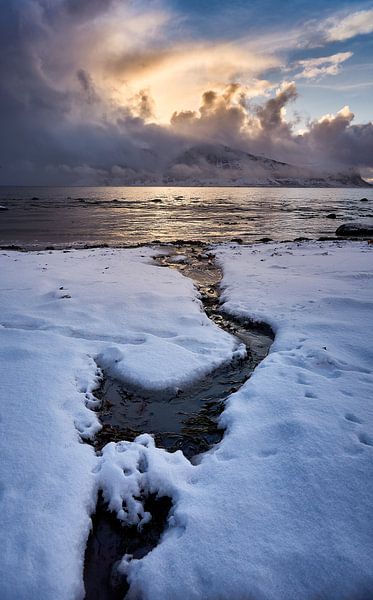 Winter landscape and sunset on Godøy, Ålesund, Norway by qtx