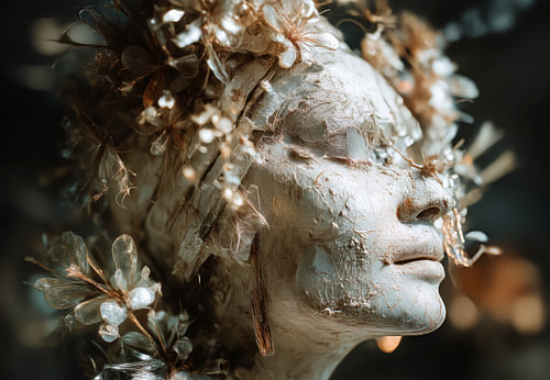 Silberner Traum, skulpturales Frauenporträt mit feinkörniger Textur und Blumen