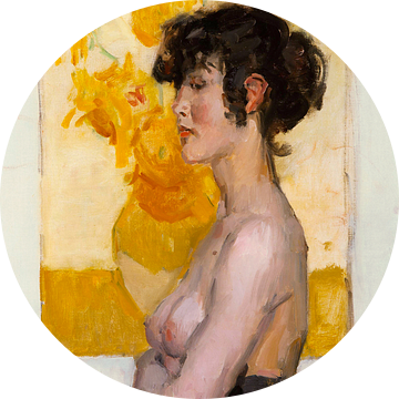 Vrouw, en profil voor de zonnebloemen van Van Gogh, Isaac Israëls
