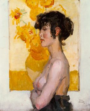 Vrouw, en profil voor de zonnebloemen van Van Gogh, Isaac Israëls
