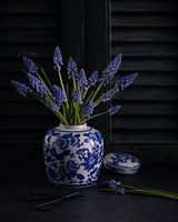 Stilleven Blauwe druifjes (Muscari) in Delfts Blauw gemberpot