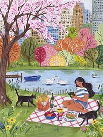 Picknick im Stadtpark mit Katzen, Schwänen und blühenden Bäumen