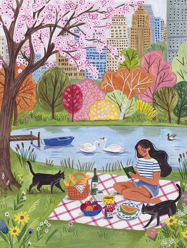 A picnic in the city park with cats, swans and blossom trees by Caroline Bonne Müller