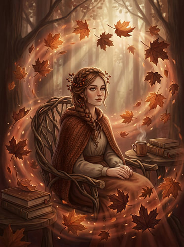 Whimsical Autumn Woman with Maple Leaves