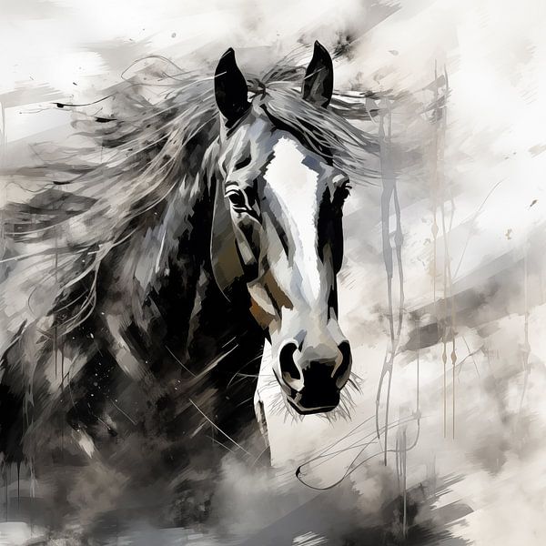 Fond artistique abstrait avec un cheval, en design peinture à l'huile noir et blanc par Animaflora PicsStock