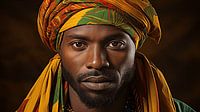 Portret van een Afrikaanse man met een kleurrijke hoofddoek op een zwarte achtergrond