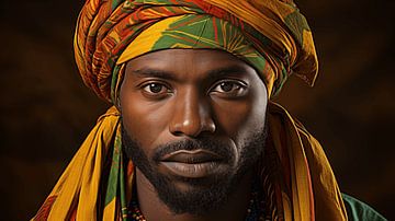 Porträt eines afrikanischen Mannes mit buntem Kopftuch auf schwarzen Hintergrund von Animaflora PicsStock