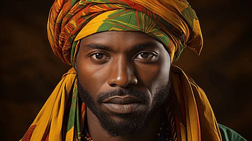 Portret van een Afrikaanse man met een kleurrijke hoofddoek op een zwarte achtergrond