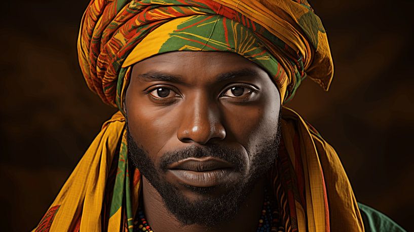 Portrait of an African man with a colourful headscarf on a black background by Animaflora PicsStock