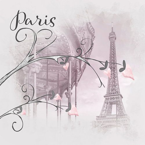 Typisch Paris - rosa Aquarell mit Herzen