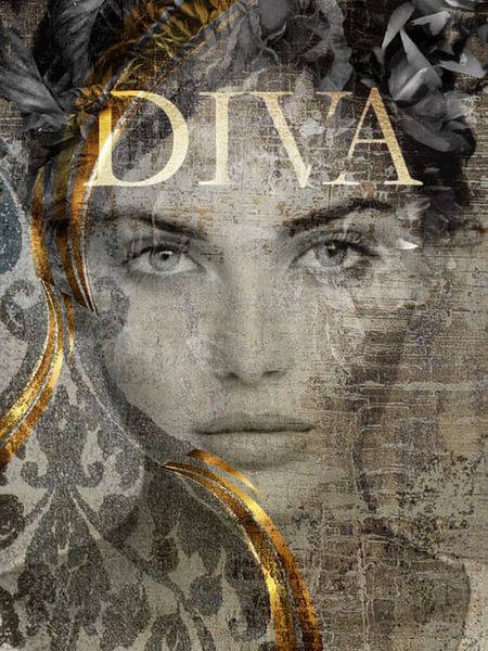 Diva | A portrait of a woman in the colours beige and grey with a tuft of gold. by Wil Vervenne