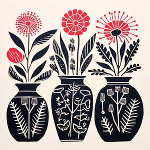 Vasen mit roten Blumen Linoldruck