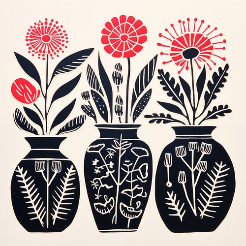 Vases avec fleurs rouges impression lino