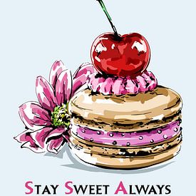 Stay Sweet Always - Macaron Illustration mit Kirsche & Blume von Marian Nieuwenhuis
