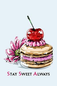 Stay Sweet Always - Macaron Illustration mit Kirsche & Blume