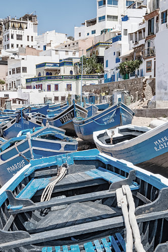 Fishing boats on the beach at Taghazout, Morocco