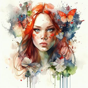 Aquarelle Floral Red Hair Woman #7 sur Chromatic Fusion Studio