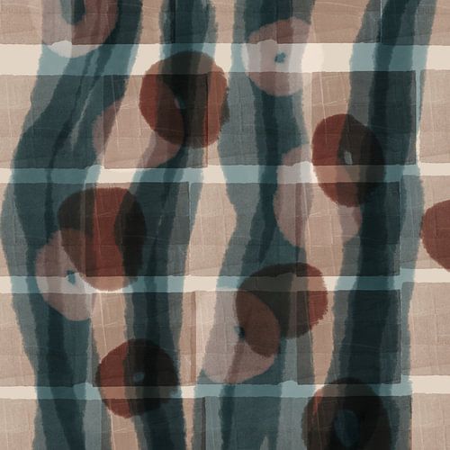 Warm bruin, beige, groenblauw. Organische en geometrische vormen en lijnen in Japandi stijl.