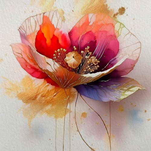 Verfijnd en elegant Stilleven. Transparante Klaproos met goud