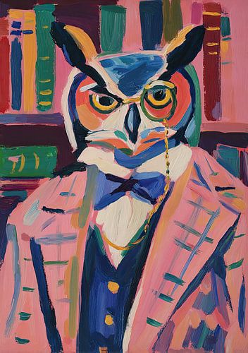 Een geleerde uil met een monocle voor een boekenkast