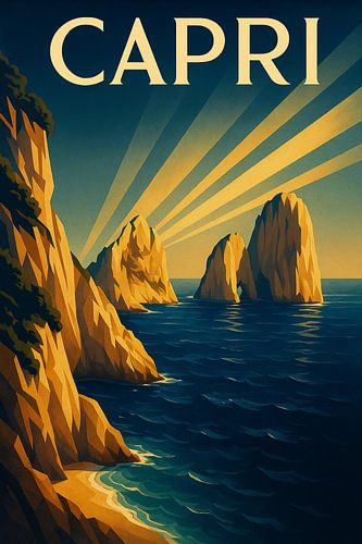 Capri Art Deco Reisposter - Faraglioni Rock Elegance