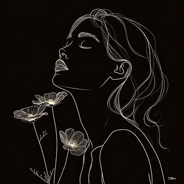 lijntekening van een vrouw met een bloem van Gelissen Artworks