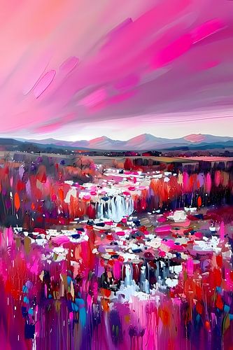 Kleurrijke abstracte waterval met levendig landschap