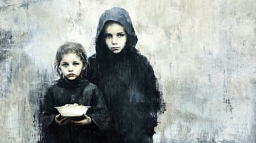 Twee kinderen in armoede met een lege kom