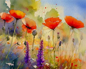 Sfeervol schilderij: Kleurrijke wilde bloemen en klaprozen in het veld van Studio Pieternel