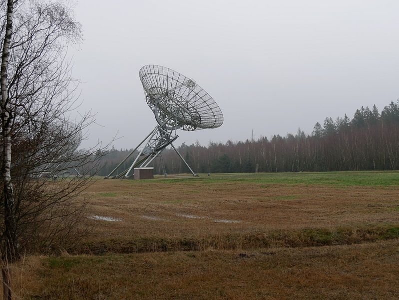 Radio telescope in nature near Westerbork by L Swinkels