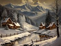 winter mountain village by river