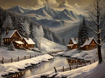 village de montagne hivernal au bord de la rivière sur TrishaVDesigns