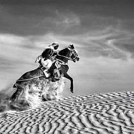 Tunesië. Sahara woestijn. Man te paard in de zandduinen. van Frans Lemmens