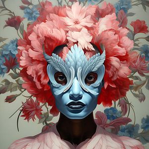 Portrait d'un oiseau étrange avec une perruque de fleurs victorienne