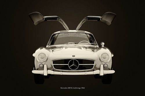 Mercedes 300SL Gullwings 1964 front full Wings Open in B&W