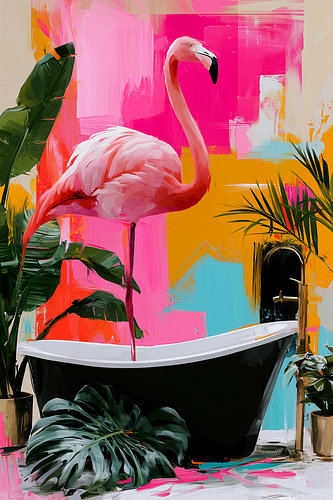 Flamingo in badkuip | Tropische badkamer in roze