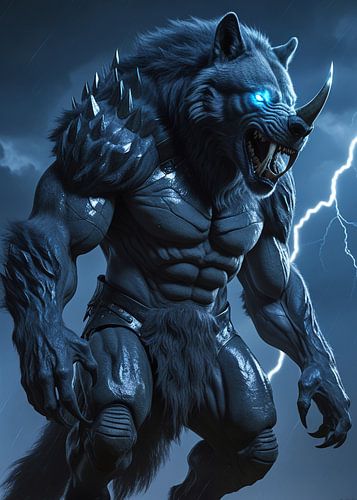 Een massieve, donkerharige wolf met het gepantserde lichaam van een neushoorn