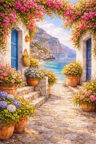 Mediterrane bloemenboog met uitzicht op zee