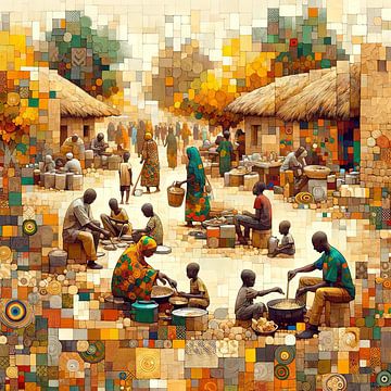 Collage/mozaïek van dorpsleven in Afrika van Lois Diallo