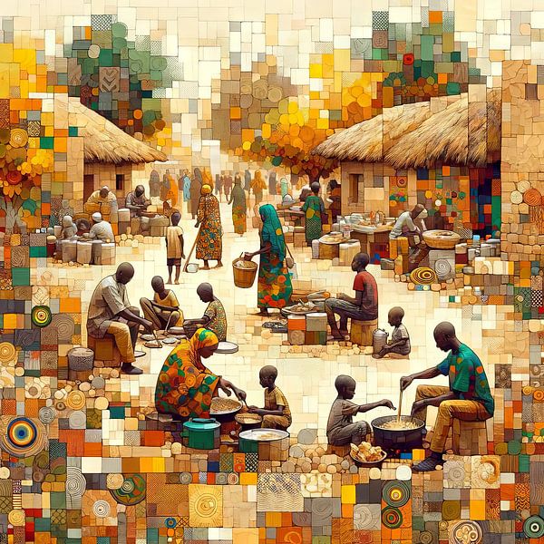 Collage/mosaic of village life in Afrka by Lois Diallo