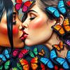 Baiser de deux femmes et de deux mondes : Tendre union dans le battement d'ailes de papillons multicolores sur AidasignArt