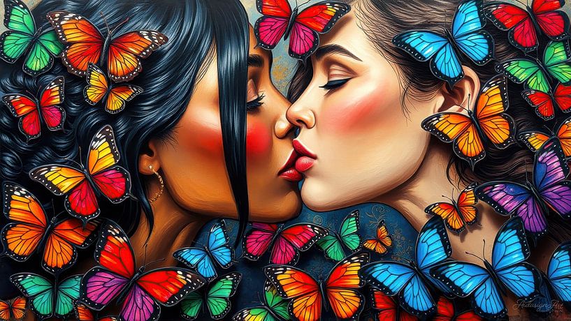 A kiss between two women and two worlds: Tender union in the hovering wings of colourful butterflies by AidasignArt
