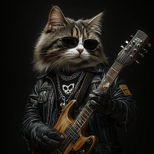 Kat rockster met gitaar portret