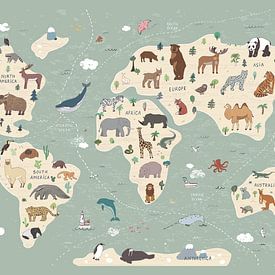 Weltkarte mit Tieren von www.annemiekebezemer.nl