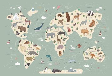 World Map with Animals van AMB-IANCE .com